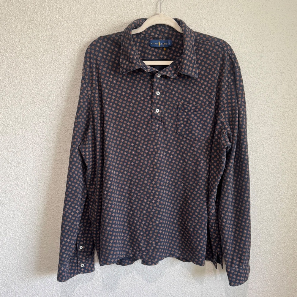 Ralph Lauren Mens XXL Long Sleeve Polo Shirt Navy Geometric Medallion Preppy